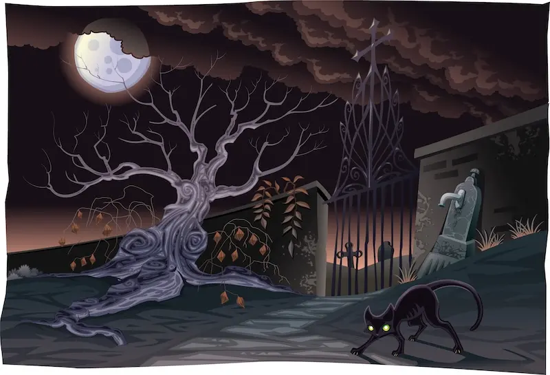 Illustration of a moonlit night with a leafless tree, glowing-eyed cat, and cemetery gate, symbolizing fear of the night.