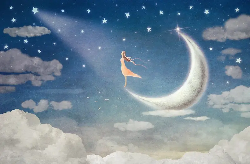 三日月の上に立ち、星空を見上げる女性のイラスト